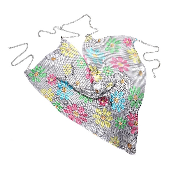 Flower Printed Metal Mesh Body Chain Necklace - Picture 1 of 3